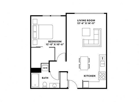 Floor plan for 1 bed, 1 bath, 704 sqft
